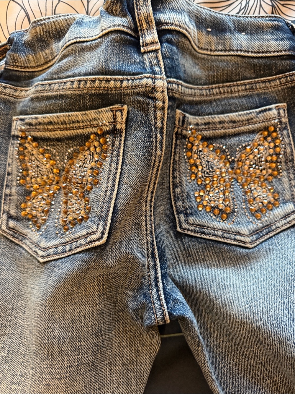 Shyanne Girls Blue Denim Jeans with Gold Rhinestone Butterflies